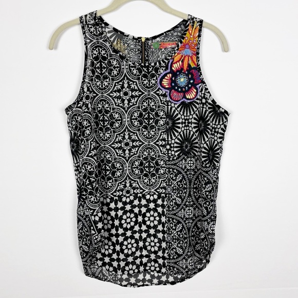 Desigual Tops - Desigual Top Black White Print Embroidered Beaded Sequin Sheer Sleeveless Small